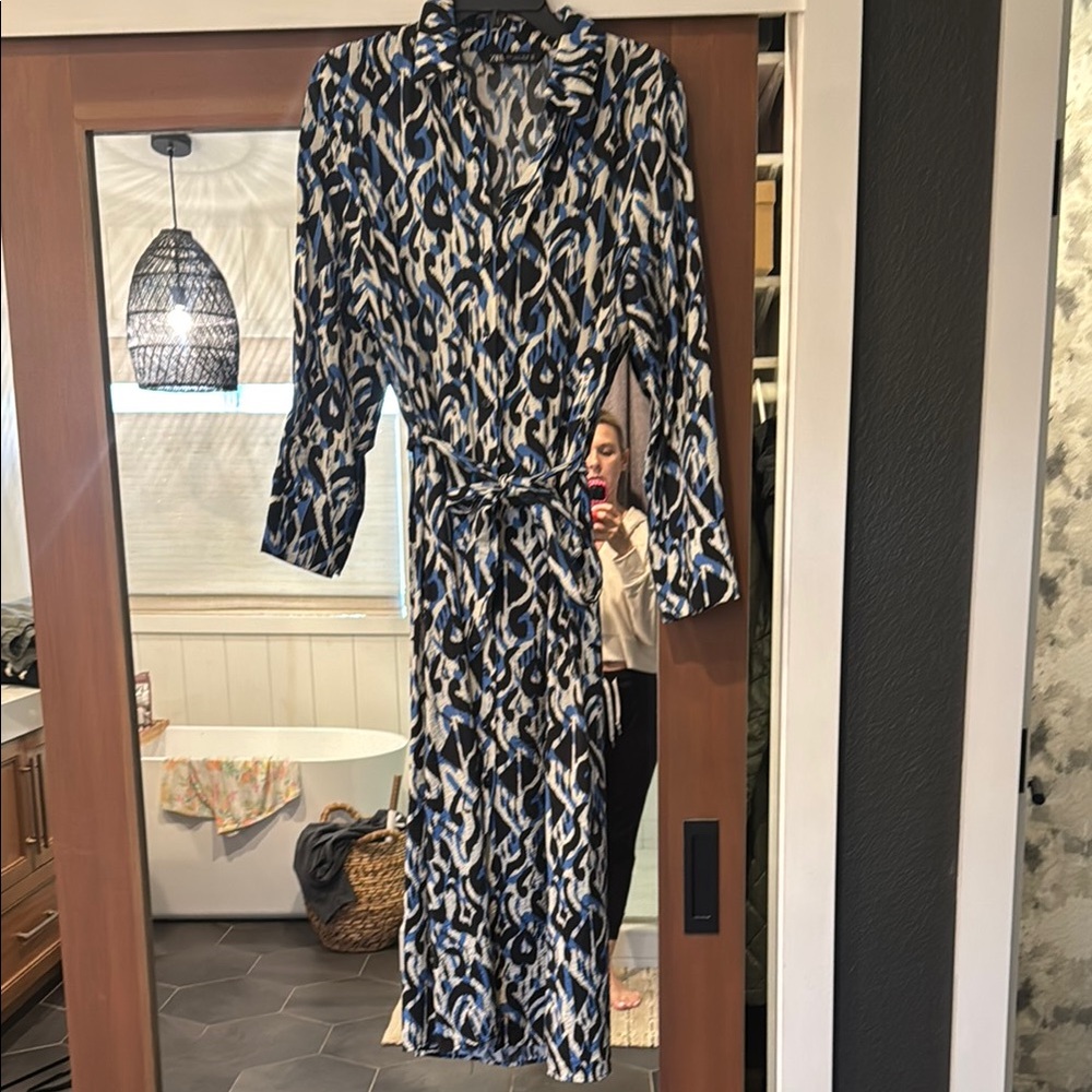 Zara Blue, Cream and Black Abstract Wrap Midi Dress